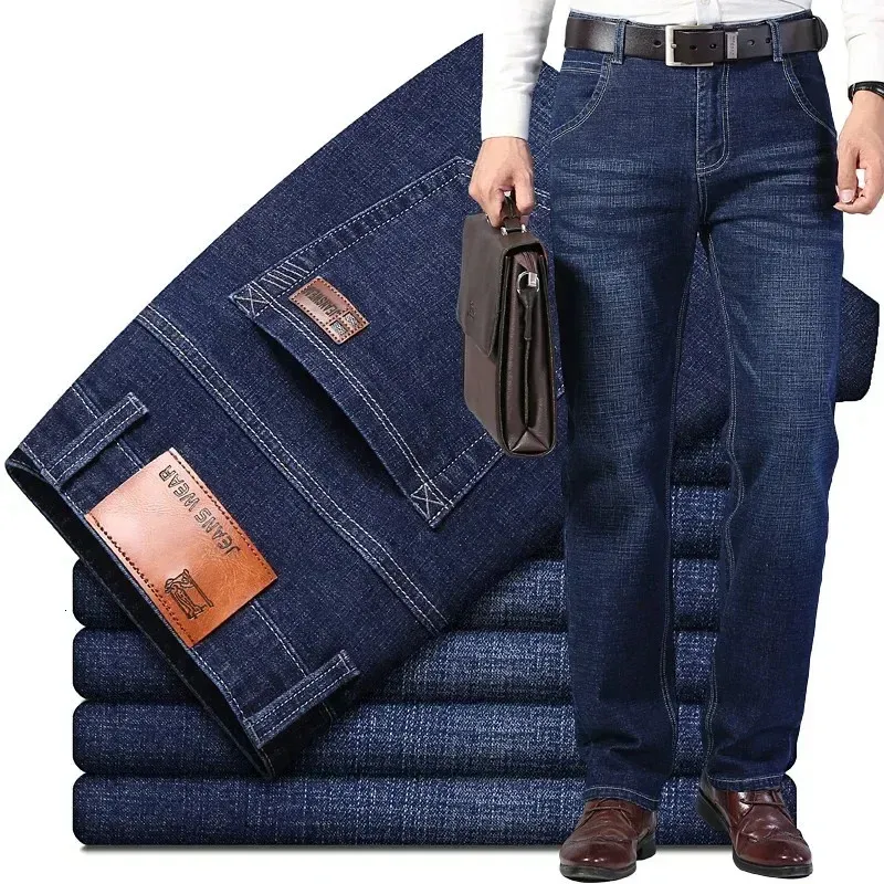 2024 Men's Stretch Regular Fit Jeans Business Casual Classic Style Fashion Denim Trousers Male Black Blue Gray Pants 240113