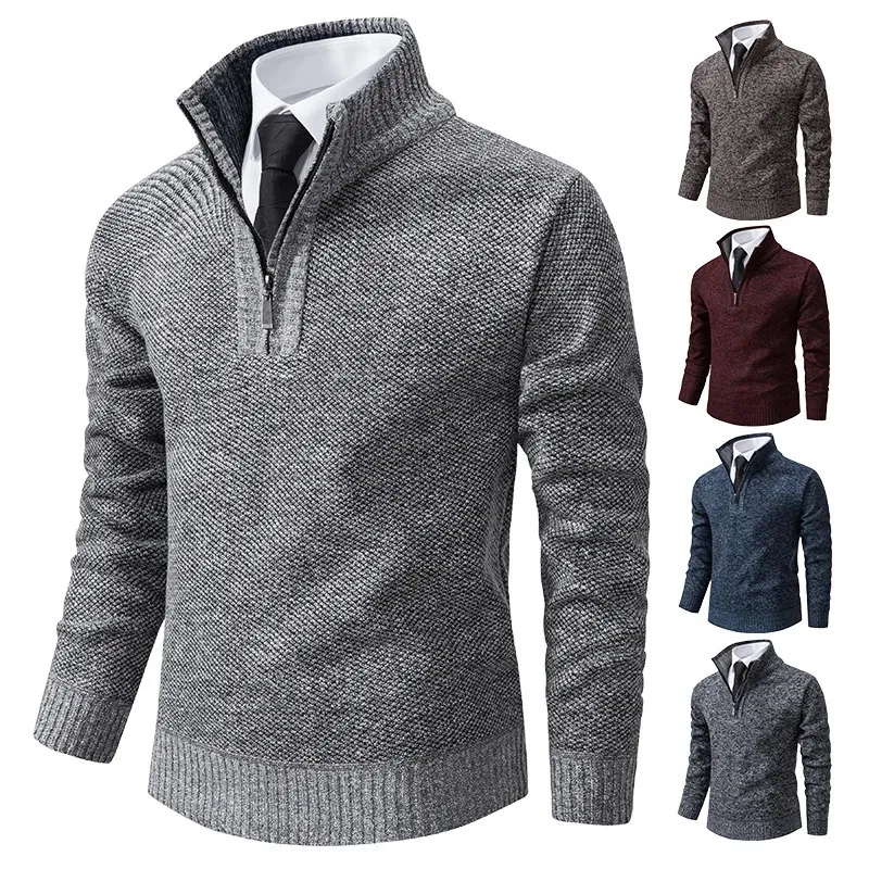 Herren-Pullover, Herbst- und Winter-Strickwaren, einfarbig, mit Hemd unten, Grab-Fleece, warm, bequem, Pullover 240113