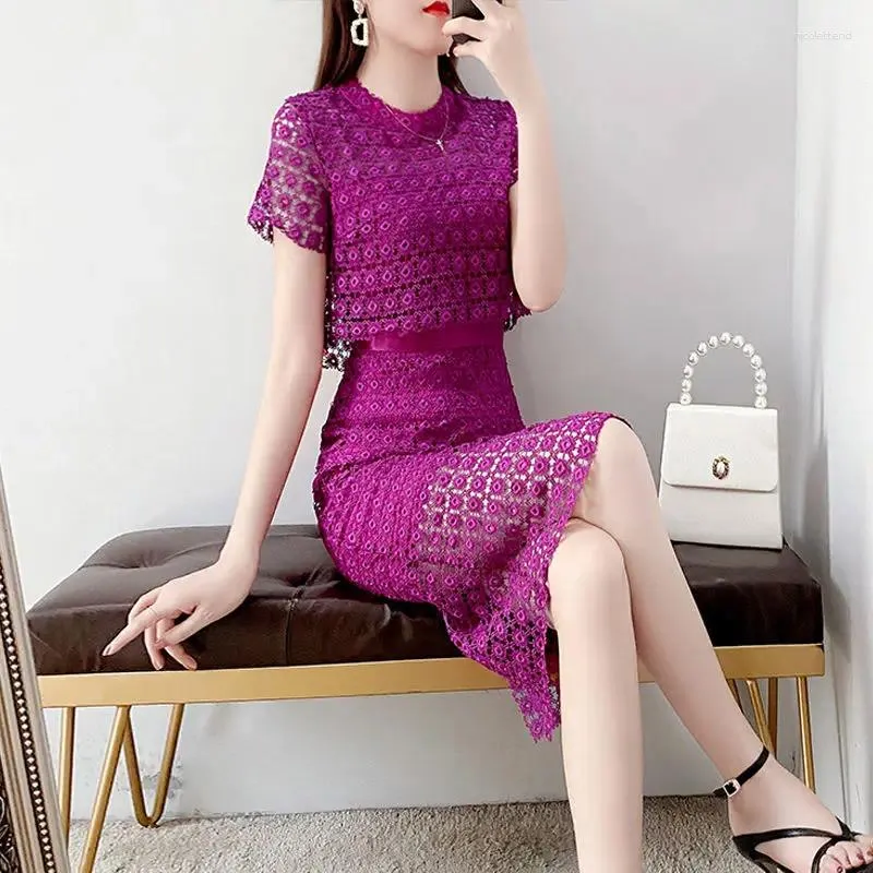 Party Dresses Women's Lace Dress 2024 Summer & Spring Transparent Elegant Ladies Short Sleeved Hollow Out See Through