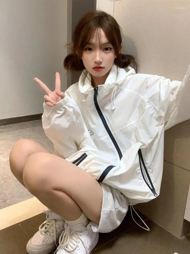 Giacche da donna Y2K Cappotto bianco trasparente da donna Primavera ed estate Giacca sportiva leggera oversize oversize con cerniera coreana con cappuccio