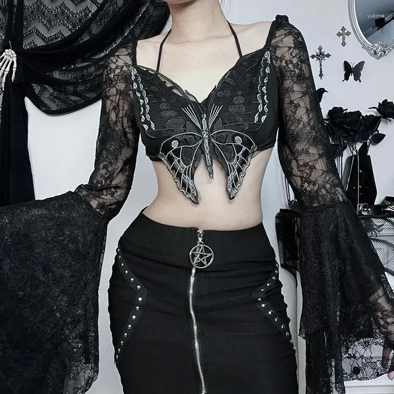 Women's T Shirts Goth Fairycore Butterfly Sexy Lace Crop Tops Mall Gothic Grunge Flare Sleeve Sheer T-shirts Women Tie Up Skinny Alt Blouses