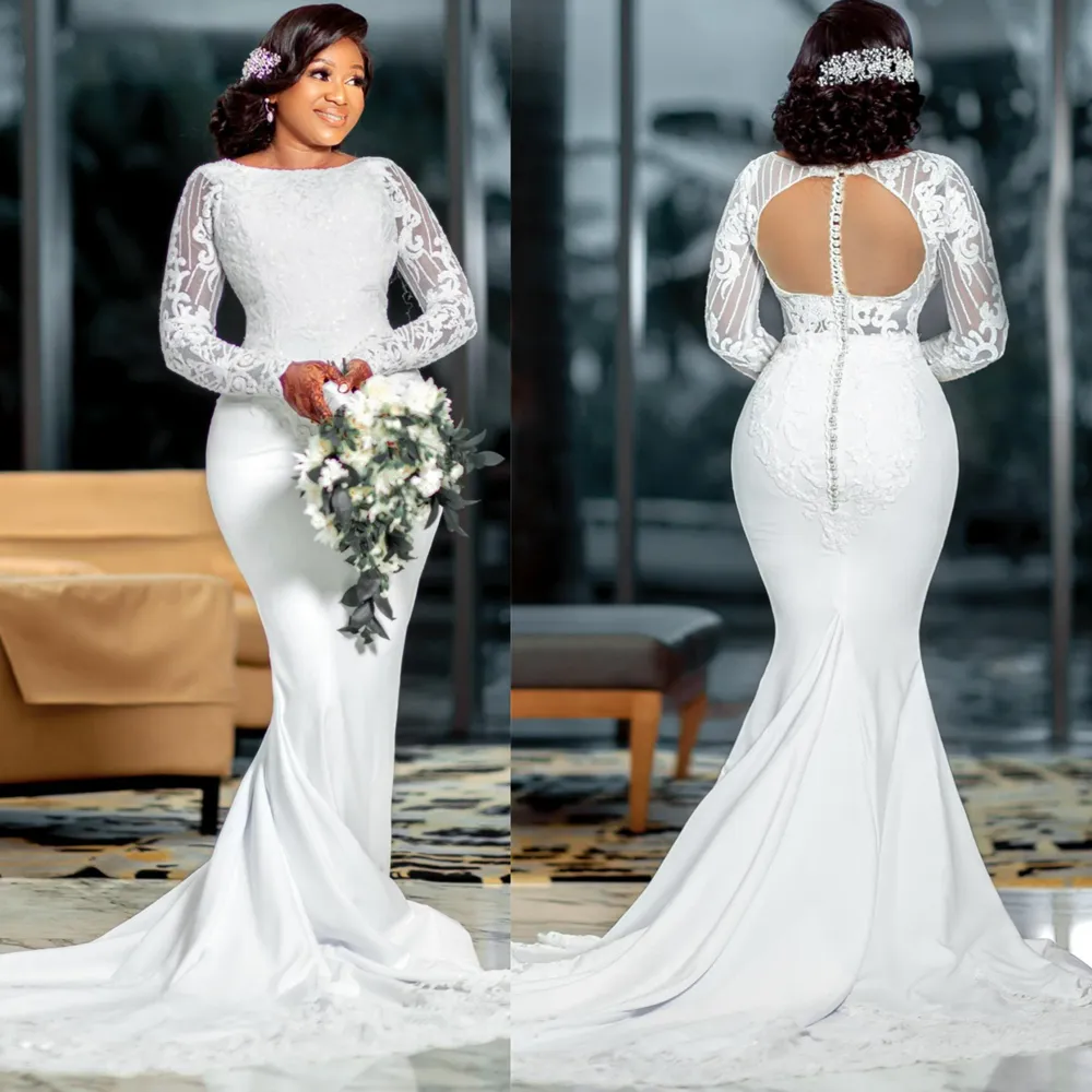 Robe de mariée sirène pour mariée, grande taille, col transparent, manches longues, perles, dos nu, en tulle, dentelle, robes de mariée pour mariage pour femmes noires du Nigeria, NW016