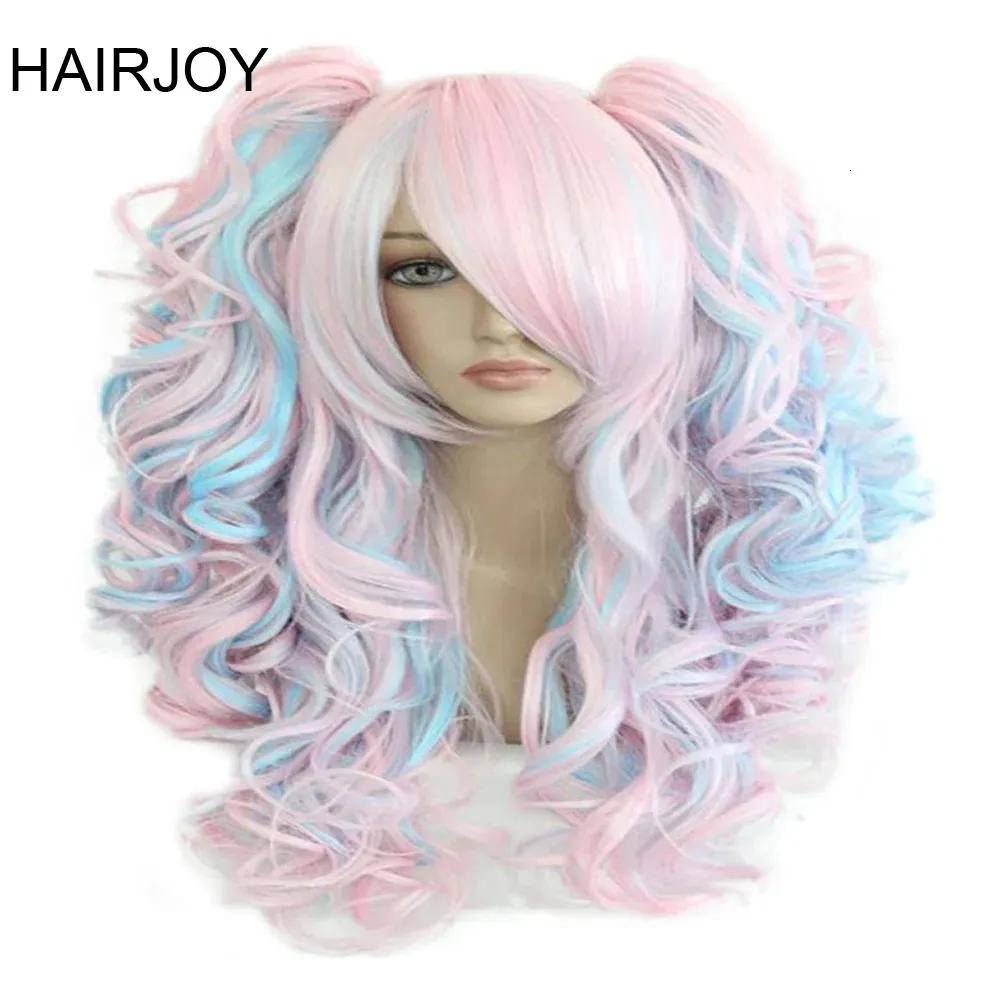 HairJoy Women 70 cm Long Blue Mixed Pink Wavy flätade 2 svansar Syntetiskt parti cosplay 30 färger tillgängliga 240113