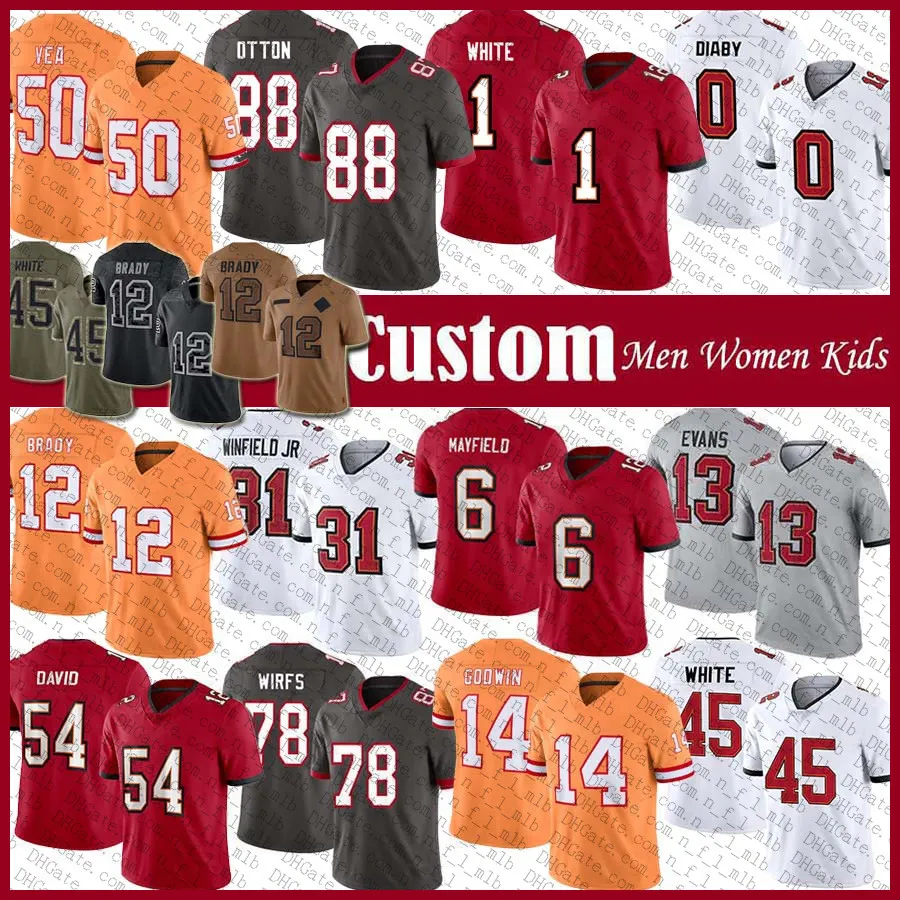 Aangepaste 13 Mike Evans Baker Mayfield voetbalshirt Antoine Winfield Jr Devin Rachaad White Chris Godwin Lavonte David Vita Vea Tom Brady Mike Alstott Derrick Brooks