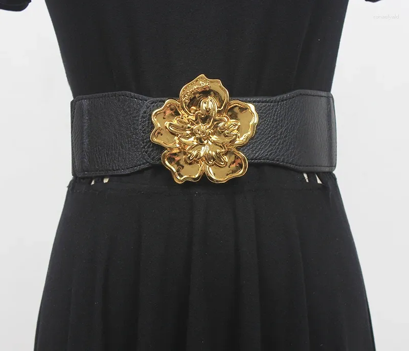 Bälten Kvinnor Runway Fashion Pu Leather Flower Buckle Elastic Cummerbunds Female Dress Corsets Waistband Decoration Belt R2160