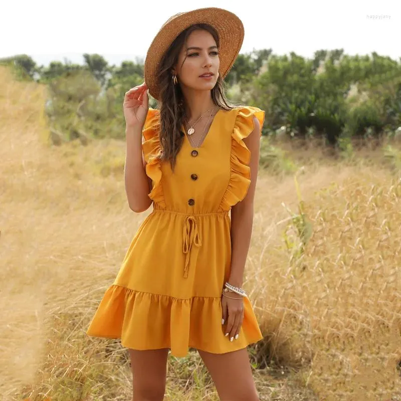 Casual Dresses Fashion Summer Sexy Women Mini Dress Ruffle 2024 Office Shoulder Tunic High Midist Party V Neck Beach Yellow