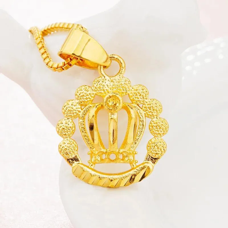 Necklaces Genuine 18k Pure Gold Color Crown Pendant for Women Lover Filled Thick Women's Gold Necklace Pendants Engagement Jewelry