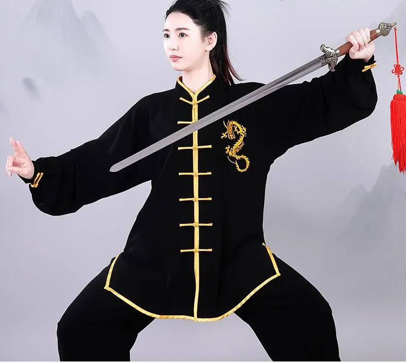 Sıcak satış yeni erkek kadın Çin kung fu takım elbise işlemeli altın ejderha uzun kollu tai chi dövüş sanat üniforma seti