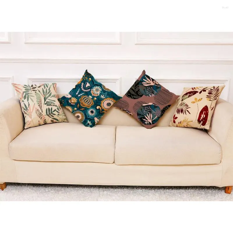 Oreiller 4 pièces housse de chaise décorative taie d'oreiller coton lin tissu carré plante abstraite 45x45 cm décor à la maison coussins