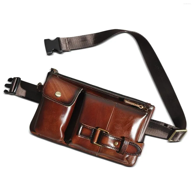 Waist Bags Real Cow Leather Men Vintage Travel Fanny Belt Bag Chest Pack Sling Design Phone Cigarette Case Pouch Male 8135r