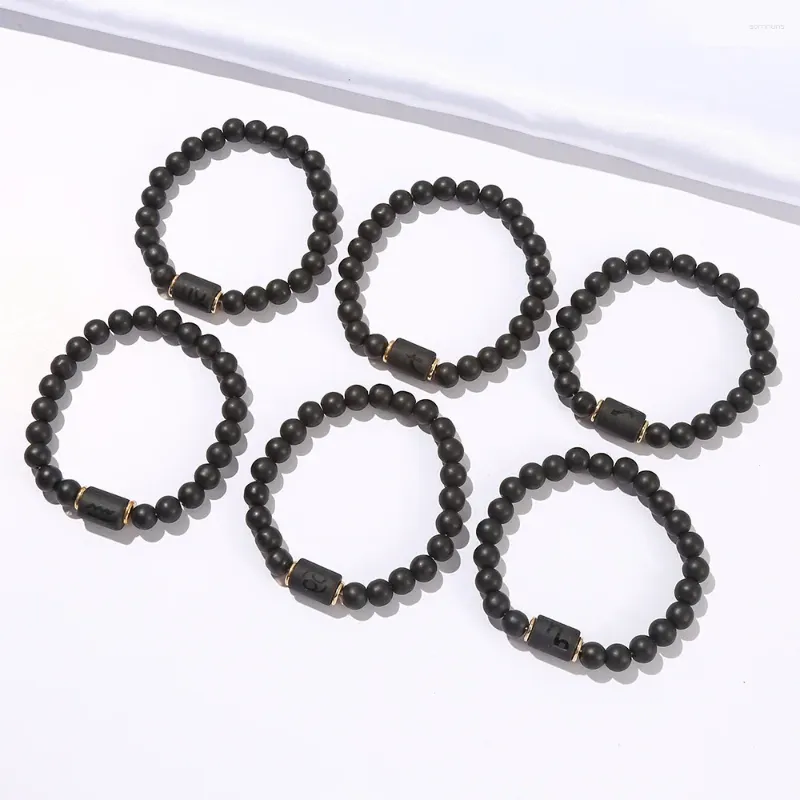 Bracelets de charme 8mm Bracelet de perles d'agate noire mate avec 12 signes du zodiaque Bracelets élastiques pour hommes femmes bijoux