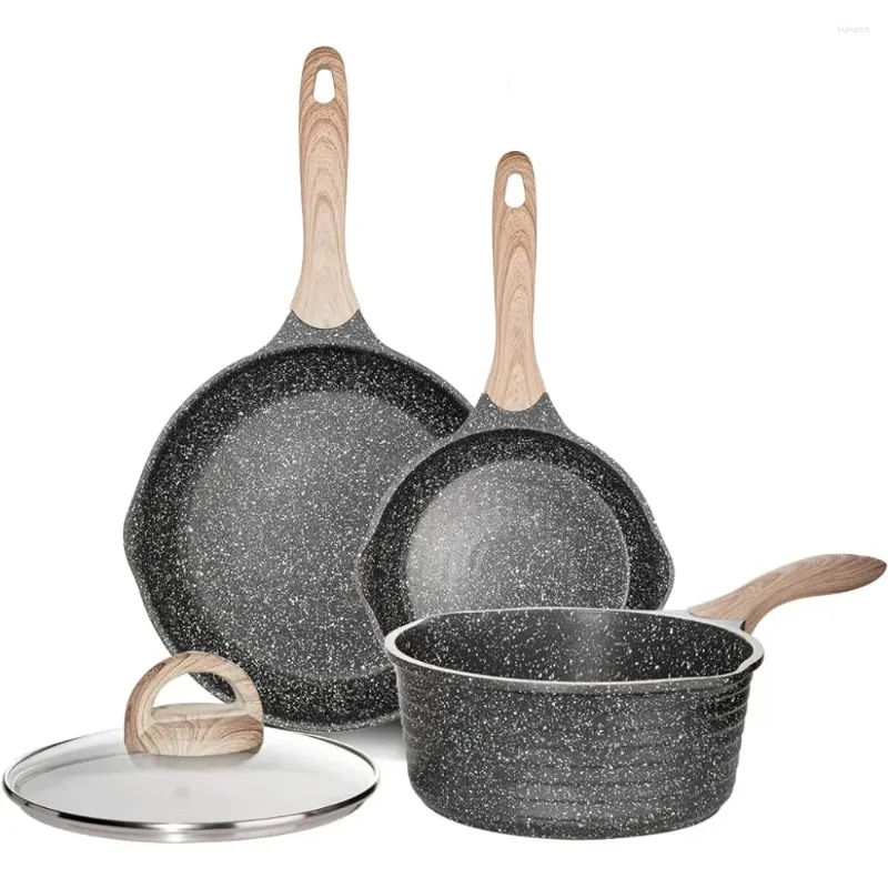 Cookware Sets JEETEE Pots And Pans Set Nonstick Induction Granite Coating With 8 Inch & 9.5 Frying Pan Saucepan Lid