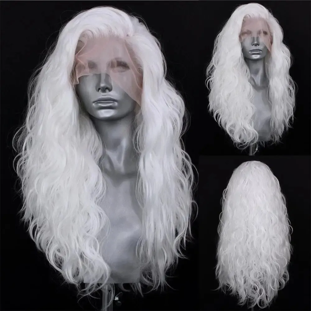 Fanxition White Loose Body Wave Syntetic Long Wavy Lace Front S For Women Cosplay Costume Party Hair 240113