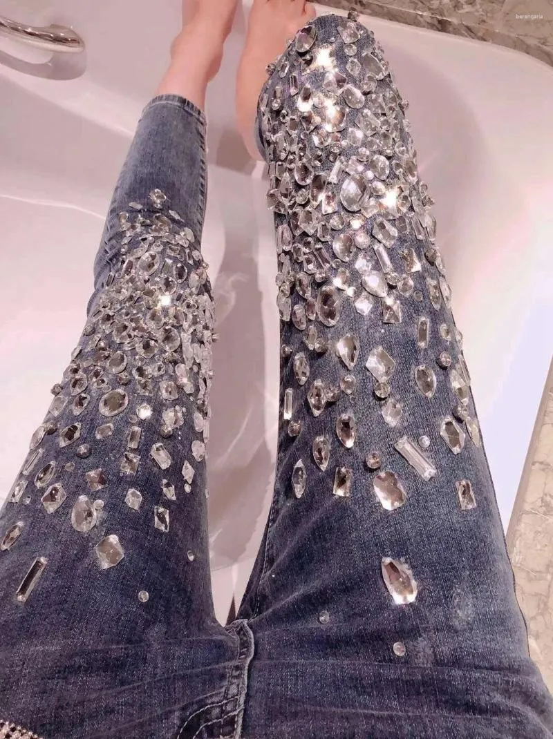 Jeans femininos luxo moda artesanal costura diamante denim calças mulheres blingbling brilhante sexy magro estiramento magro cravejado