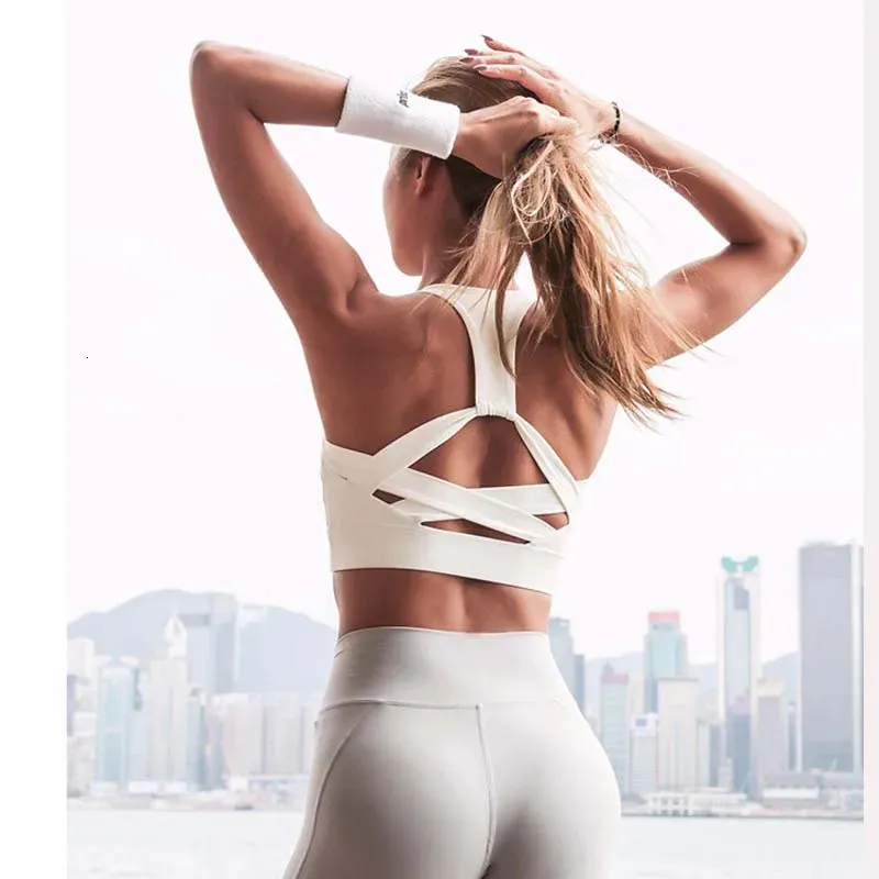 Women White Strap Push Up Sports Bra for Gym Running yoga top Athletic Vest Hollow out Sportswear Underwear 240113