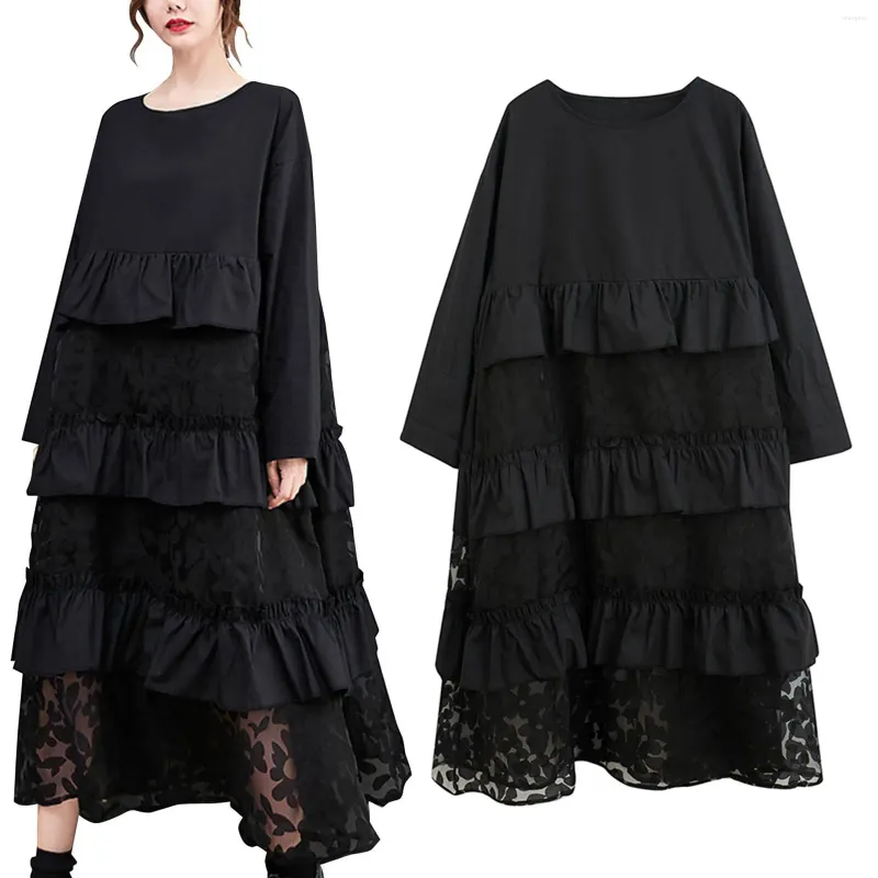 Casual Dresses Women's Oversized Long Sleeved Dress Black Floral Mesh Fringed Womens 70s