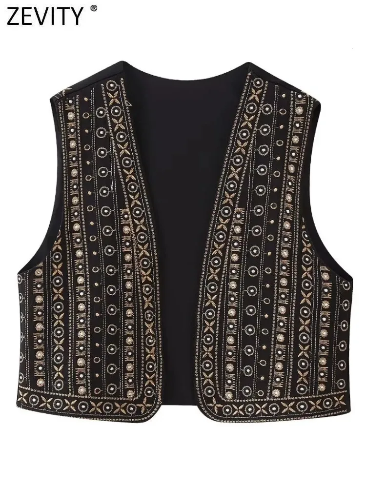 Zevity Women Vintage V Neck Beading Flower Embroidery Short Vest Jacka Ladies Sleeveless Casual Cardigan Waistcoat Tops CT5322 240113