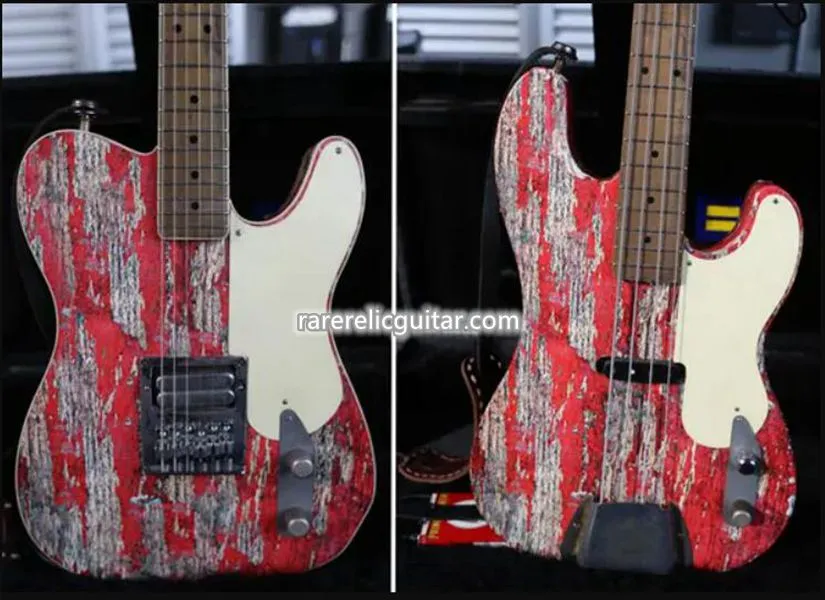 Rare Dusty Hill BillyGibbons John Bolin Peeler Precision Relic Guitare basse électrique rouge Matériel chromé Pickguard blanc Tuners vintage Plaque de commande miroir