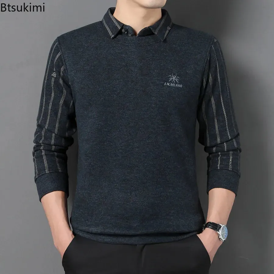 Herren Winter Verdickte Gefälschte Zweiteilige Poloshirts Tops Mode Business Casual Streifen Warme Pullover Bodenbildung für Männer 240113