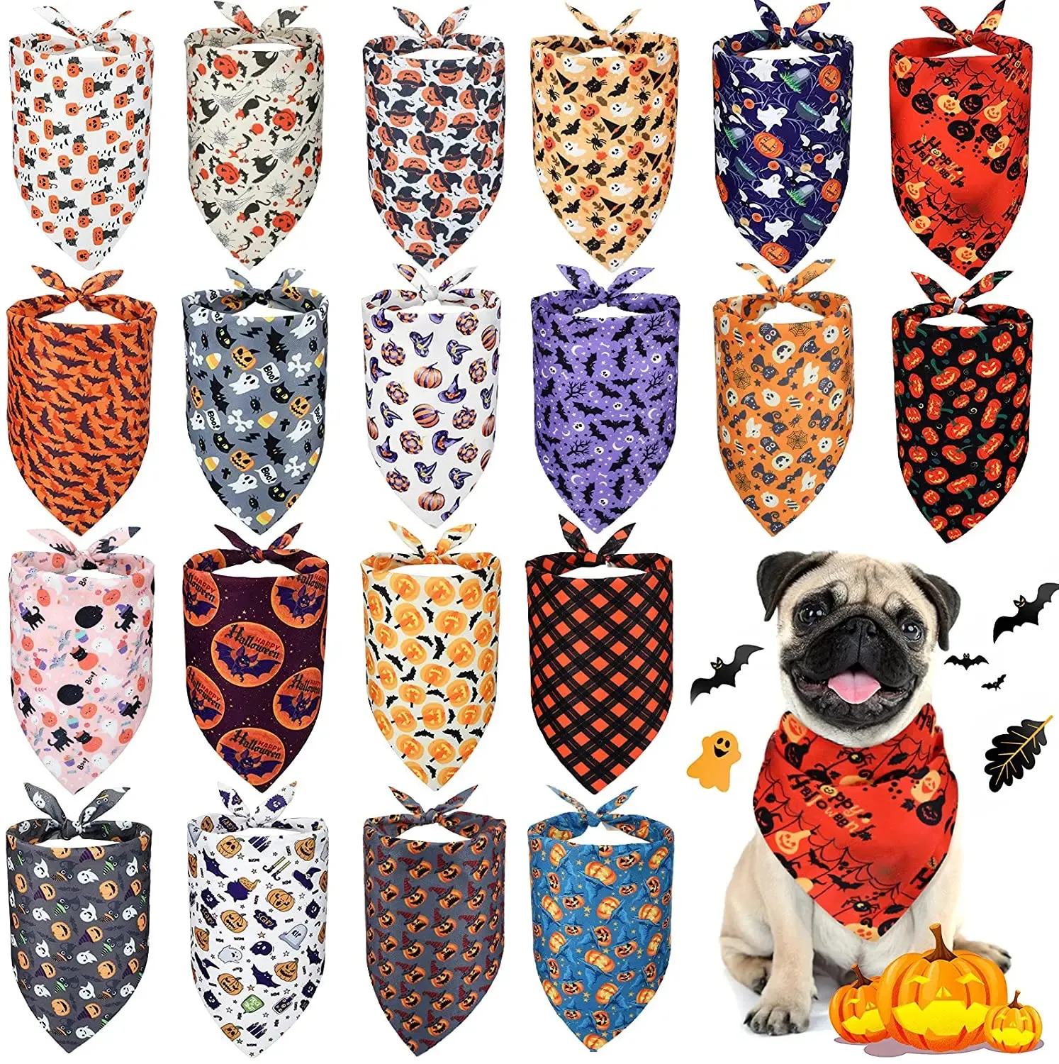 20 peças halloween cão bandanas abóbora fantasma triângulo cachecol babadores pet xadrez lenços para pequenos médios grandes animais de estimação 240113