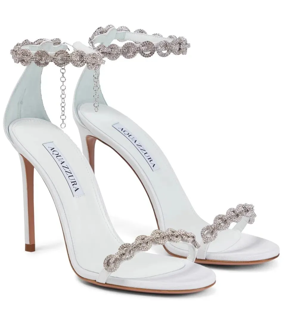 Aquazzurs Love Link Sandals Shoes Crystal-Embellished Straps Stiletto Heels Perfect Festive Season Gladiator Sandalias Lady Wedding Bridal EU35-43