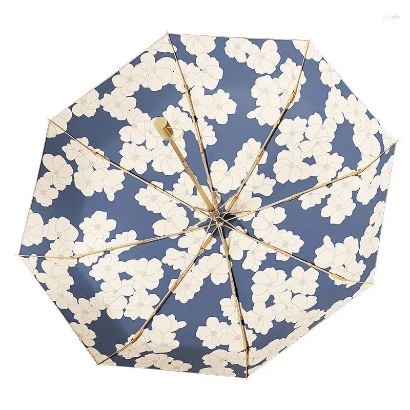 Parapluies 8 os frais rétro trois plis titane argent colle protection solaire parapluie personnalisé créatif ensoleillé bois massif