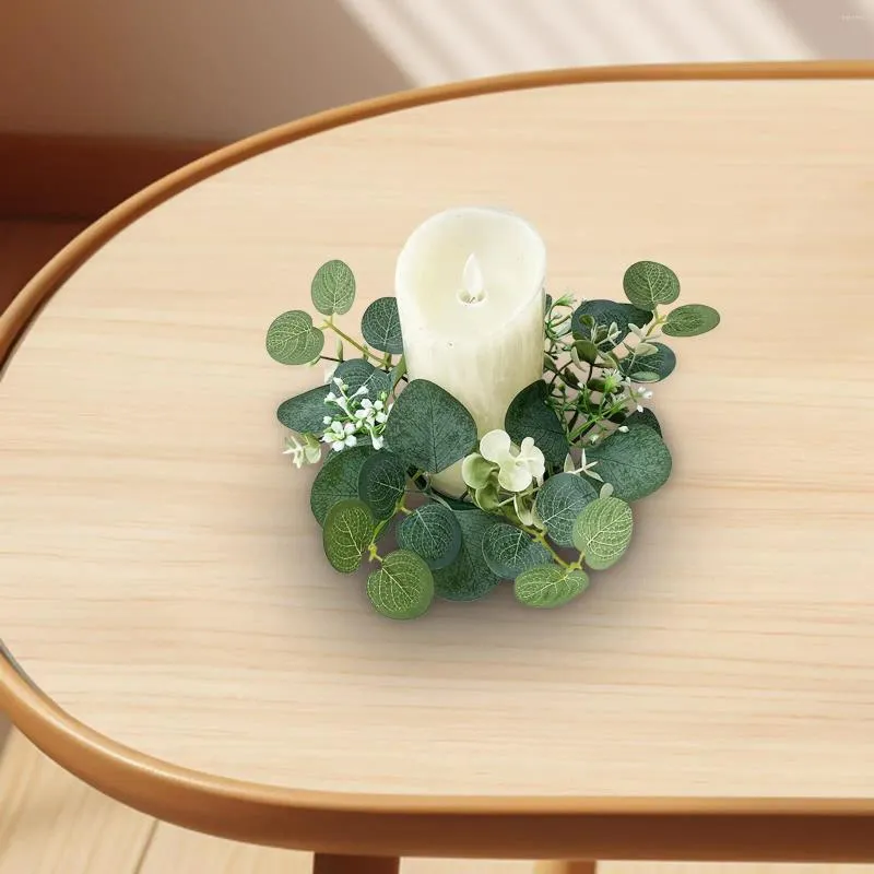 Fleurs décoratives couronne d'eucalyptus artificielle décoration 9,8 pouces guirlande de verdure anneau de bougie rustique pour table de cuisine de Pâques salle à manger