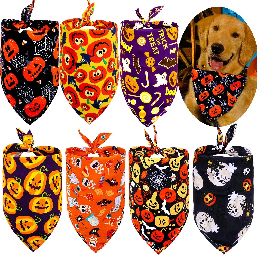 50st Dog Bandana Halloween Pet levererar Small Cat Puppy Bandanas Scarf Holiday Accessories Pumpkin Skull Dogs 240113