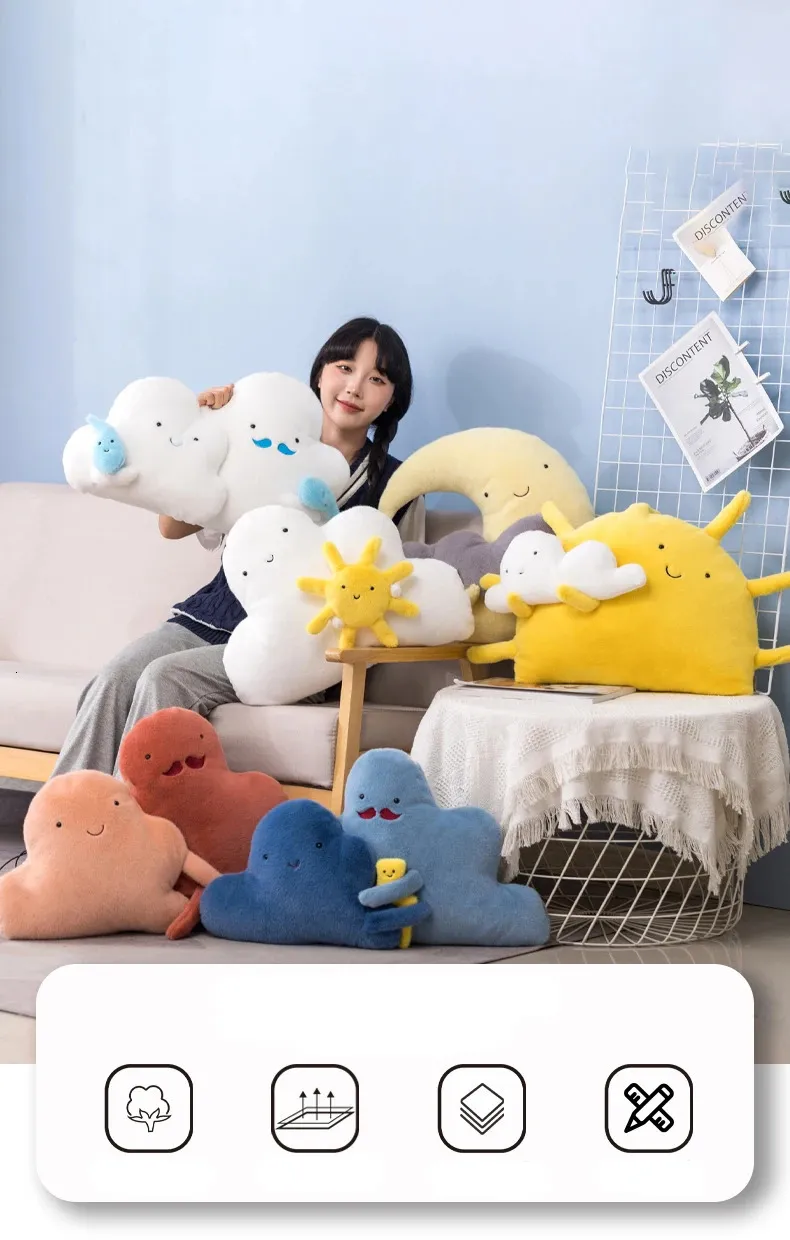 Kawaii Pillow Cloud Cartoon Sun Moon Raindrop Cushion Creative Happiness  Family Plush Toy Sofa Home Decor 240113 From Zuo08, $16.16