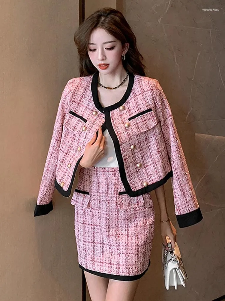 Vestidos de trabajo Primavera Otoño Tweed Falda de dos piezas Conjunto Mujeres Chaqueta de manga larga Abrigo y mini faldas Trajes Trajes de moda coreana