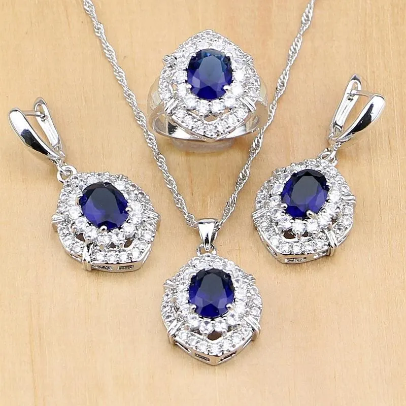Necklaces Blue Cubic Zirconia White Cz Sterling Sier Jewelry Sets for Women Earrings Pendant Necklace Rings Free Gifts Box