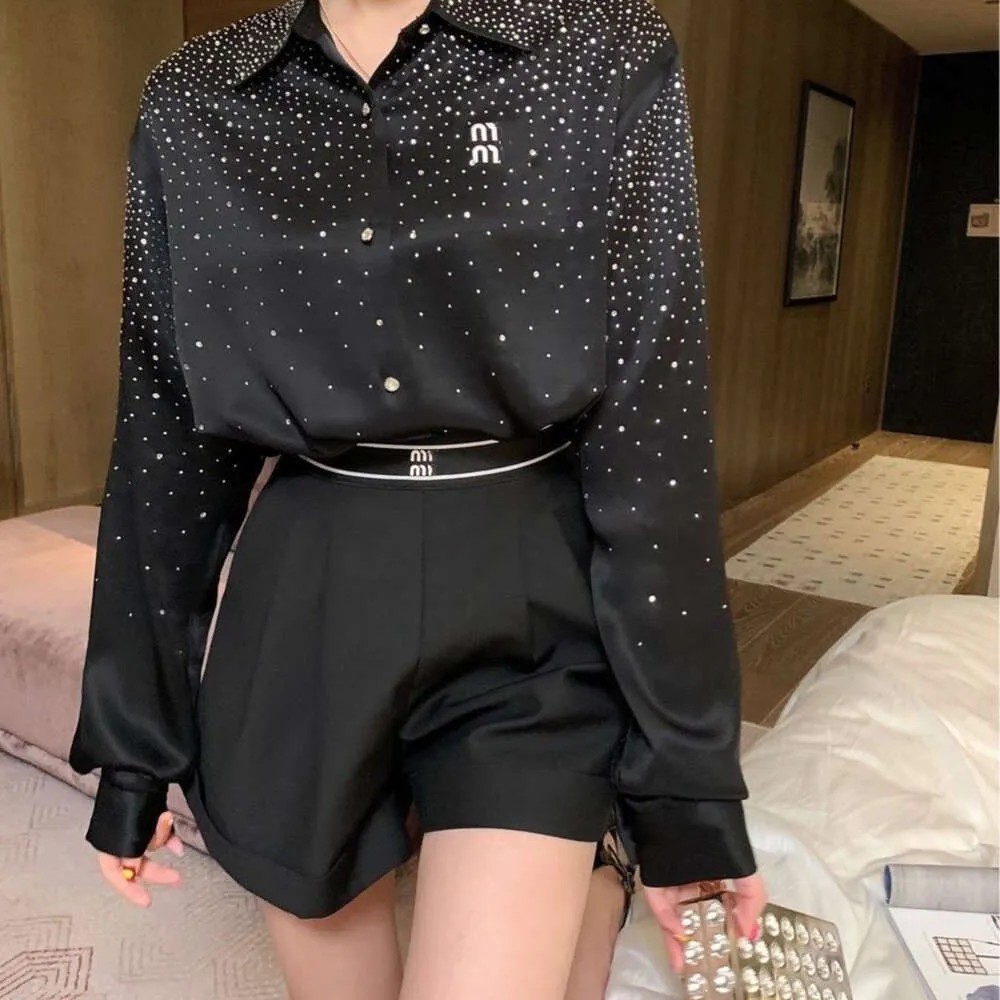 Women Shirts Designer Blouse Fashion Hot Rhinestone Letters Embroidered Long-sleeved Shirt Lapel Button Cardigan Coat Top