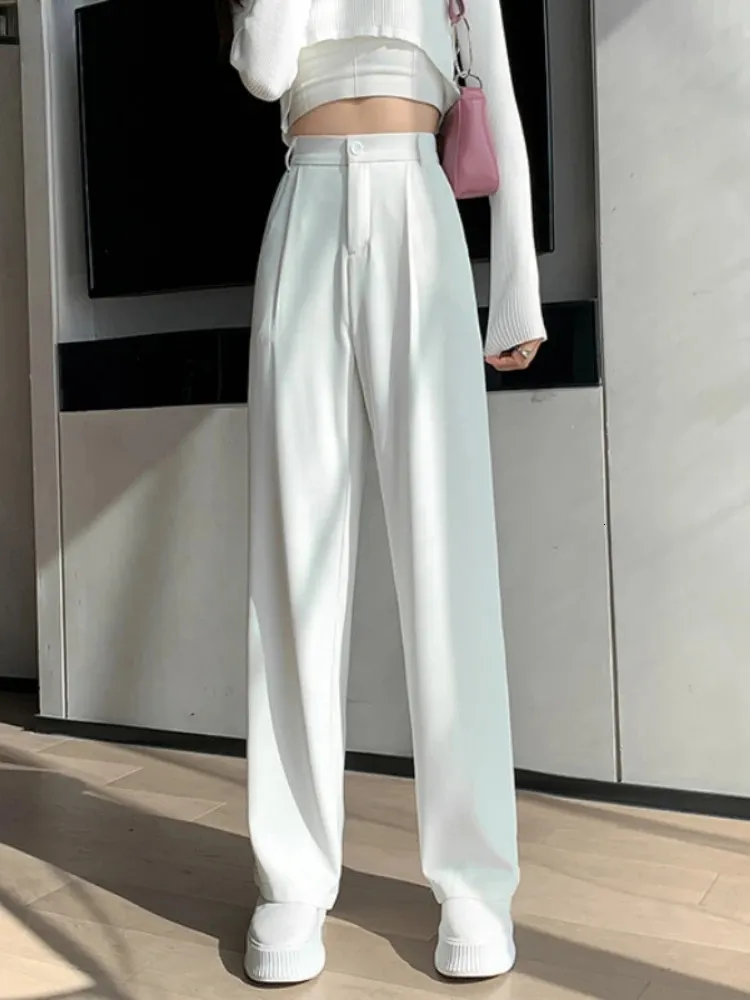 Повседневные свободные широкие брюки с высокой талией для женщин, весна-осень, женские белые костюмы длиной до пола, женские длинные брюки 240123