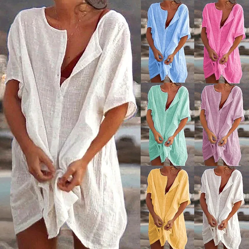 Sexy plage maillot de bain couverture coton couvrir maillots de bain décontracté à manches courtes longue Blouse couleur unie robe 240113