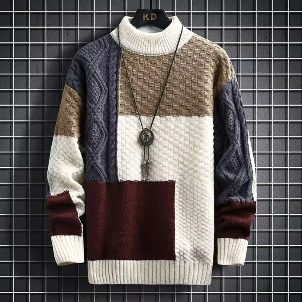 D&X Color Block Autumn/winter Sweater for Men's Large Premium Splicing Lazy Style Fat Loose Round Neck Knit