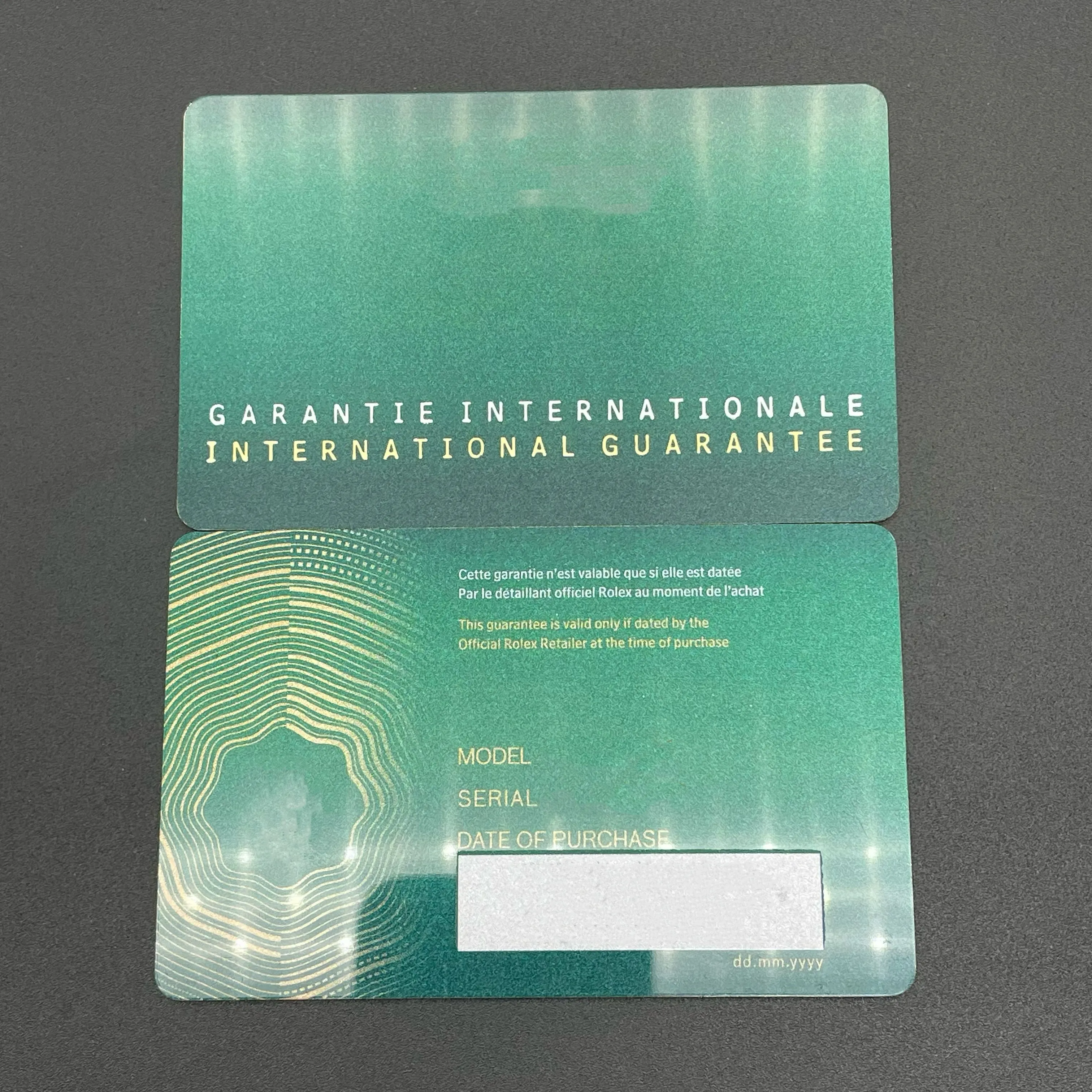 Custom 3D Printed Green Warranty Cards High Quality Security Label for Rolex Unique Serial Number Engraving