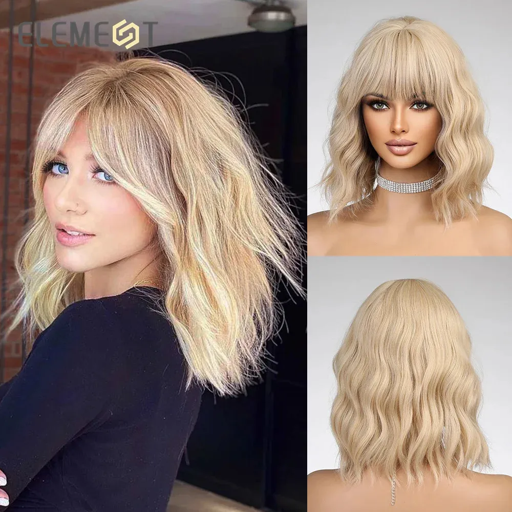 ELEMENT 2023 Cute Fashion 16 Inch Golden Blonde Loose Curly Hair with Bangs Lolita Cosplay Party Daily s for Women 240113