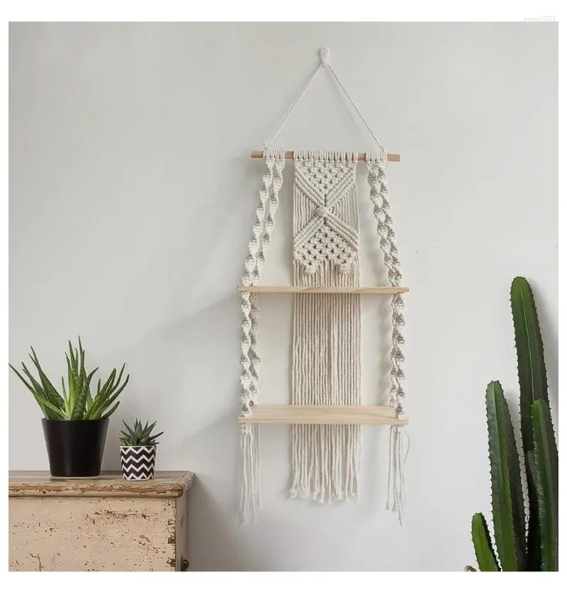 Tapestries 2 Tier Macrame Wall Hanging Tapestry With Wooden Shelf Handwoven Bohemia Tassel Curtain Wedding Backgroud Boho Decor