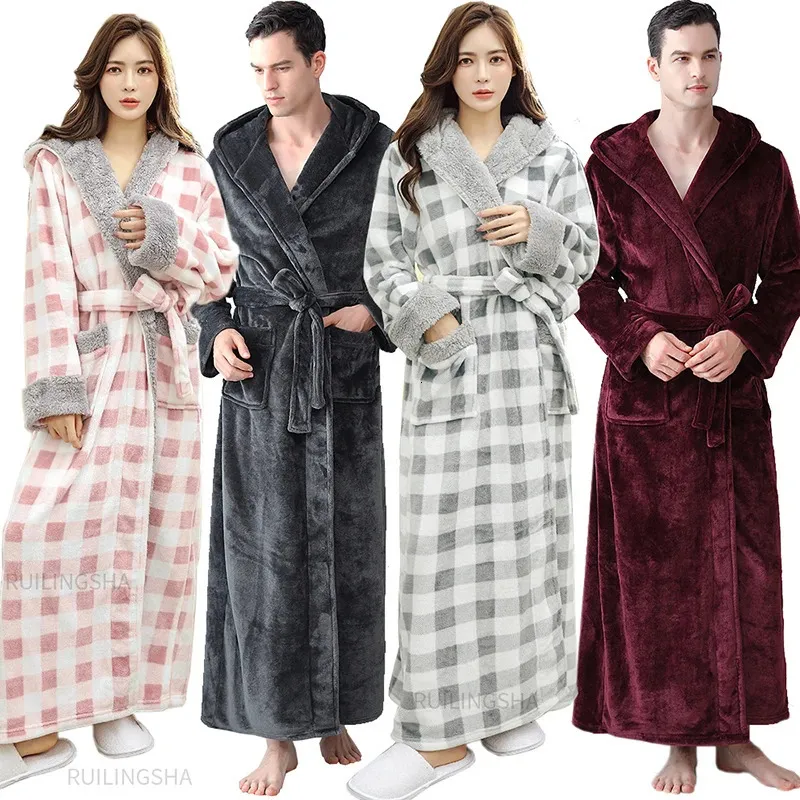 Accappatoio da uomo in flanella caldo lungo invernale da donna Plaid con cappuccio Plus Size Pile di corallo Kimono Accappatoio a maniche lunghe Accappatoio Pigiama 240113