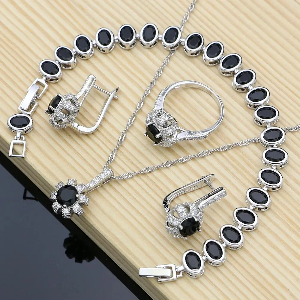 Halsband Sier Bridal smycken set Docoration for Women Engagement Black Stone Earrings Rings Dropshipping Necklace Set
