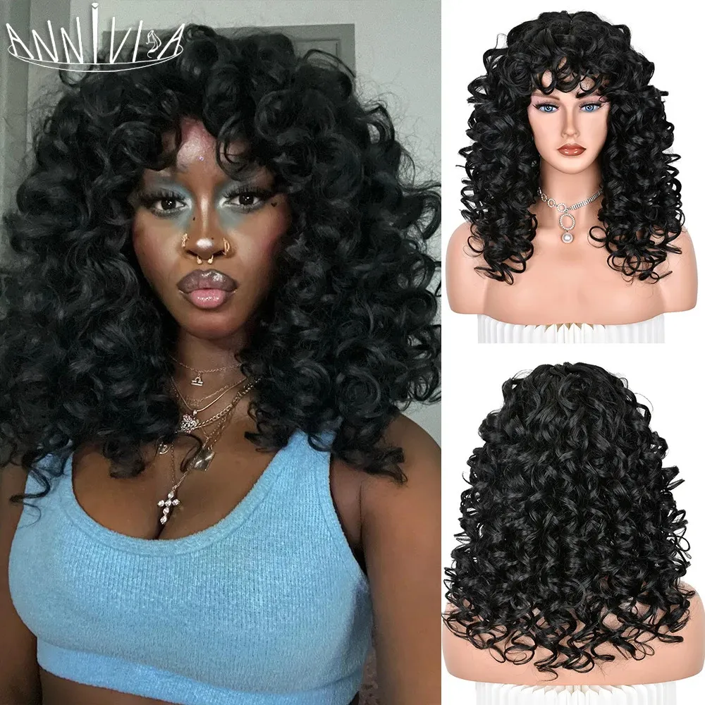 Noir bouclés avec frange longue Afro s pour femmes fibre synthétique sans colle cheveux usage quotidien fête Halloween Cosplay 240113