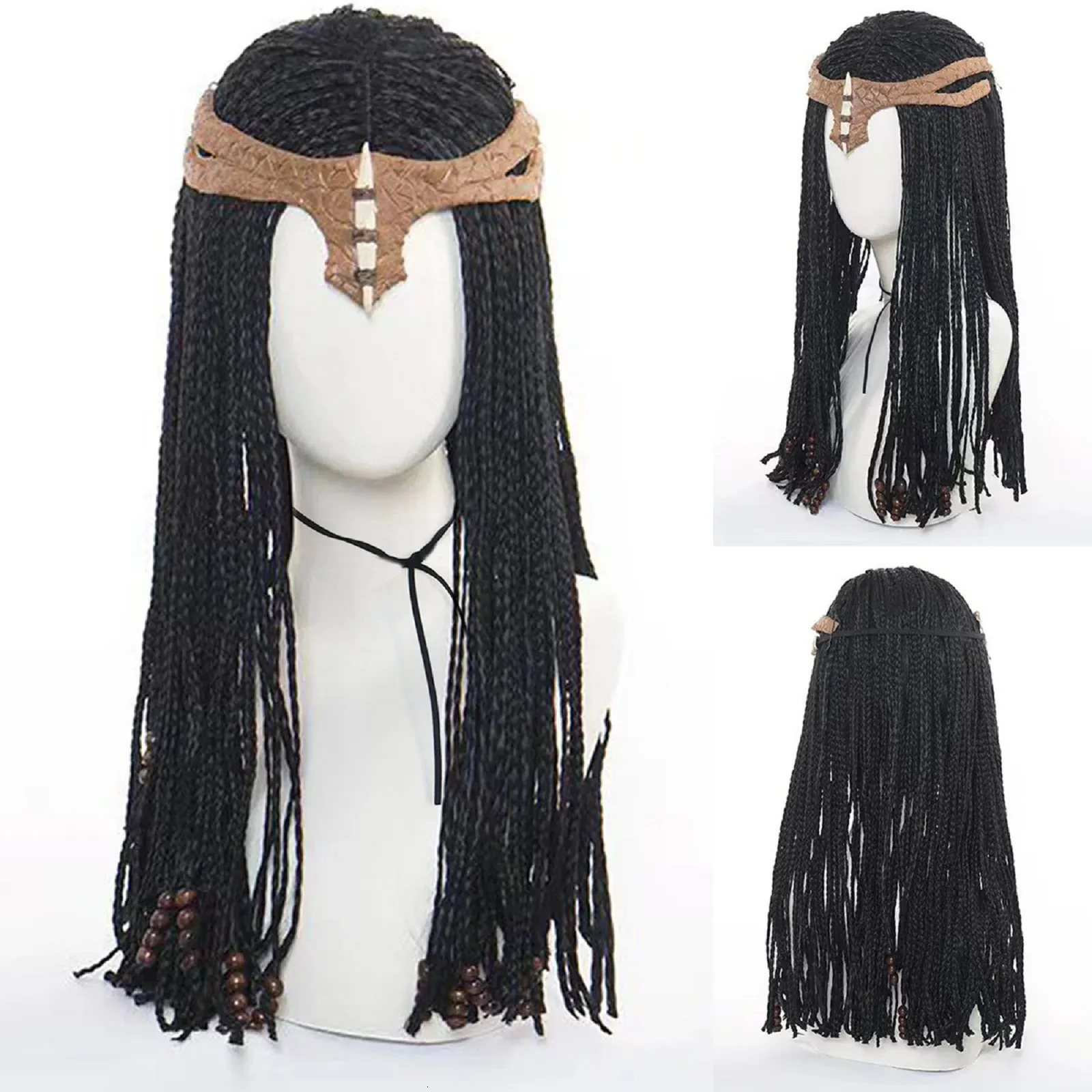 1 faixa de cabeça de comprimento médio preto trançado dreadlock cosplay com chapéu para halloween, natal, escola, dia de ação de graças 240113