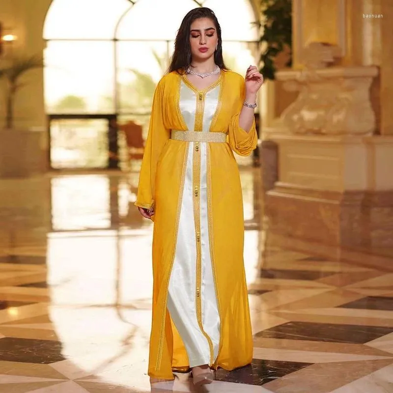 Etniska kläder Ramadan Eid Mubarak Satin Evening Dresses For Women Abaya Dubai Turkiet Islam Pakistan Muslim Set Dress Robe Arabe Femme