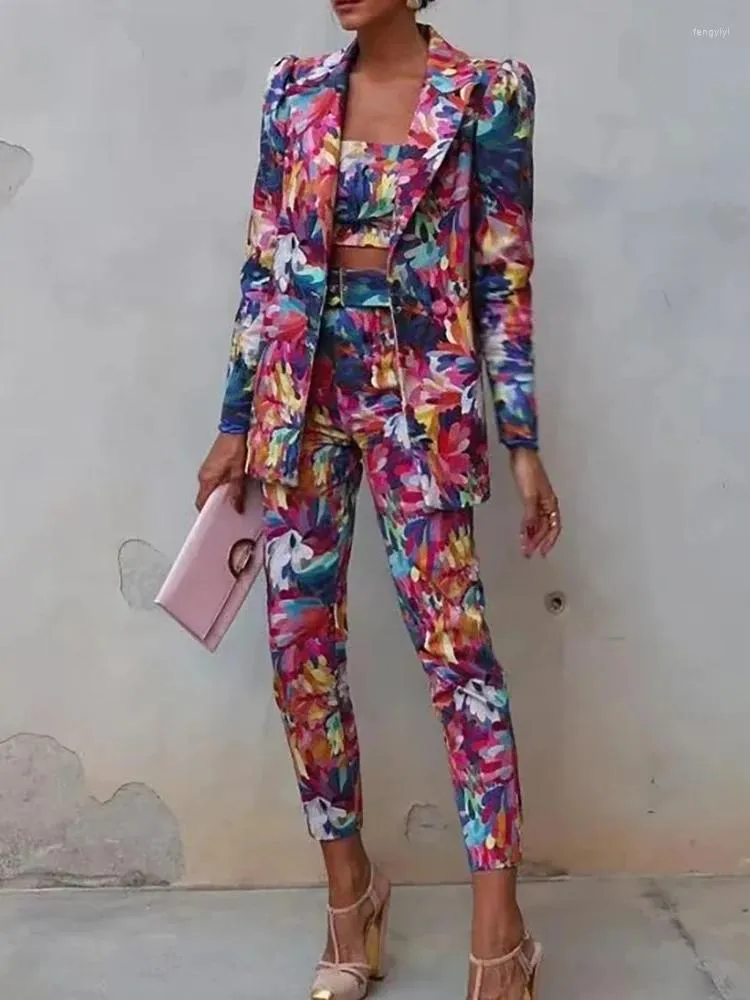 Women's Two Piece Pants Ladies 2024 Streetwear Style Fashion Colourful Print Straight Long Blazers Suit Girls High Waist With Belt Sets