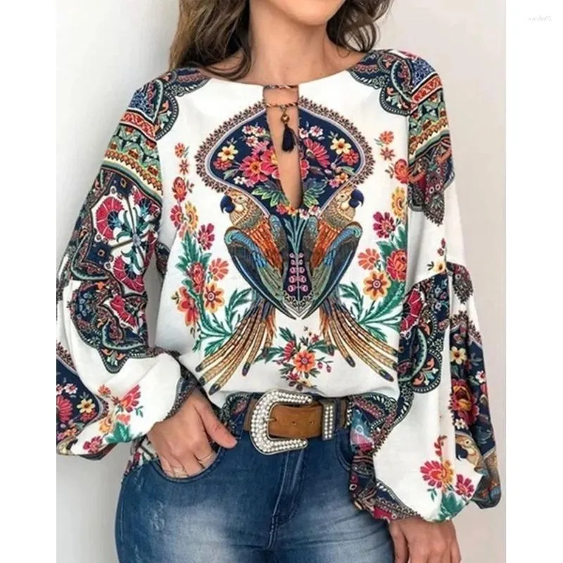 Women's Blouses 2024 Women Floral Print Tassel Lantern Sleeve Blouse Top Femme Fashion Casual Shirt Streetwear Korean Style Boho Vintage