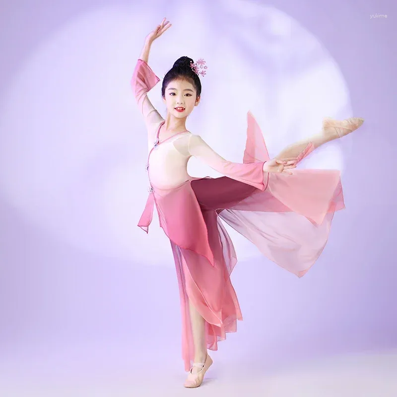 Vêtements de scène pour enfants, vêtements de spectacle de danse classique, charme élégant, robe en fil, style chinoiserie, éventail pour filles