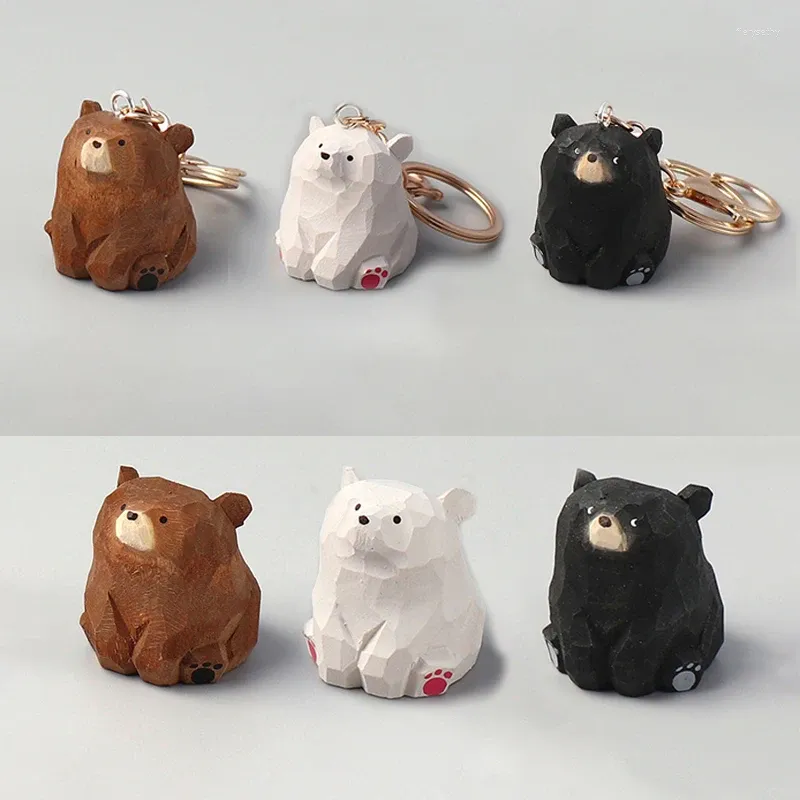 Keychains Mini Wooden Bear Keychain Solid Wood Hand Carved Figurines Pendants Keyrings Cute Animal Bags Car Key Ornaments Gifts