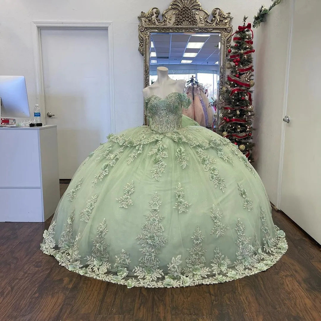 Beading Sweetheart Bow Back Mint Green Quinceanera Dresses Ball Gowns
