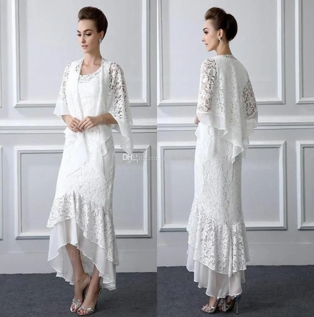 2ピースフォーマルレース花嫁スーツ長袖の鞘の高い低プラスサイズのマザードレスコートイブニングドレスと安い1232889