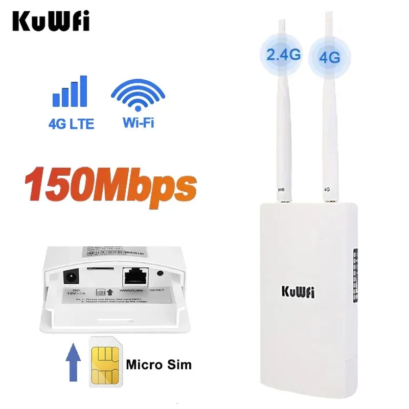 KuWFi 4G Wifi Router Outdoor Waterproof SIM Wireless CPE Unlocked FDDTDD CAT4 150Ms for IP Camera 240113